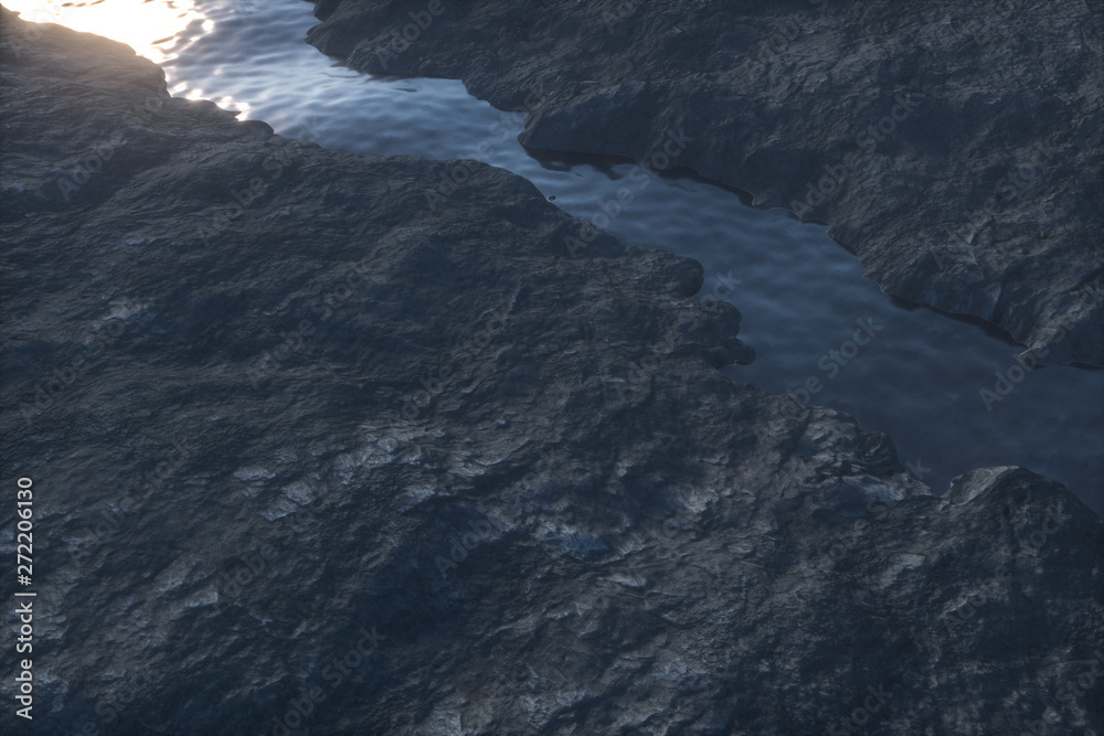 The river between the mountains in the morning, 3d rendering