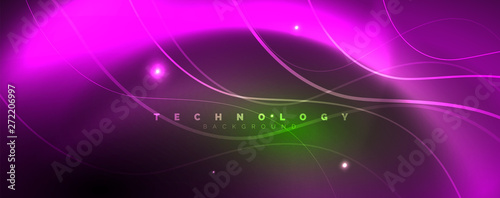 Shiny neon lines template - northern lights glowing blur lines. Futuristic style glow neon 80s disco club or night party techno template