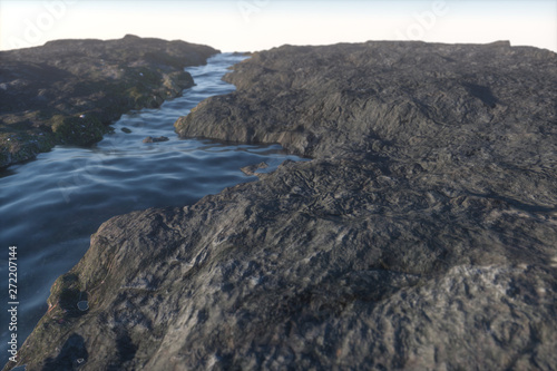 The river between the mountains in a sunny day, 3d rendering