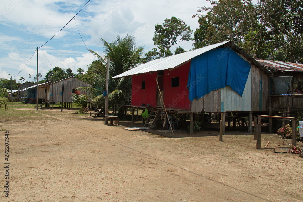 Houses in the village San Antonio de Cacao at Amazonas river in Peru Houses in the village San Antonio de Cacao at Amazonas river in Peru