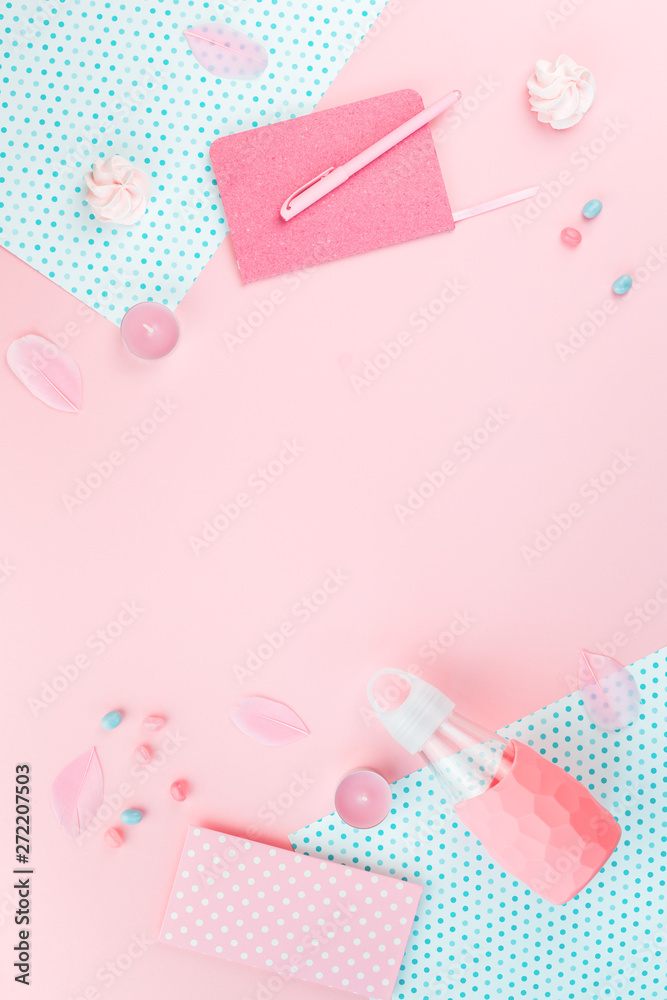 Stylish feminine accessories, ornaments, gifts, sweets and envelope items in blue pastel colors on rose pink background and polka dot. Copy space, mock up. Women's day or bloggers concept. Flat lay Stylish feminine accessories, ornaments, gifts, sweets and envelope items in blue pastel colors on rose pink background and polka dot. Copy space, mock up. Women's day or bloggers concept. Flat lay