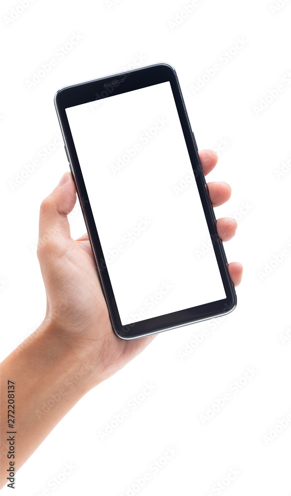 Woman hand holding the black smartphone with blank screen isolated on white background with clipping path.