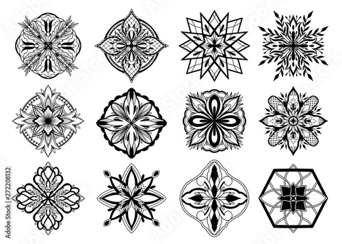 Islamic ornament vector design , persian motif. Black graphic color in white background.Ramadan islamic round pattern elements . Geometric template set. Circular ornamental arabic symbols .