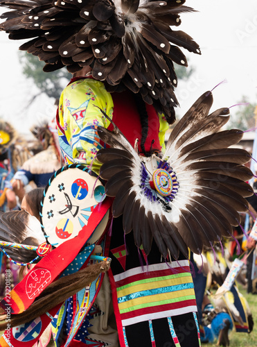 Close Up of a Native American Fancy Dancer with Feathered Bustle and Headdress