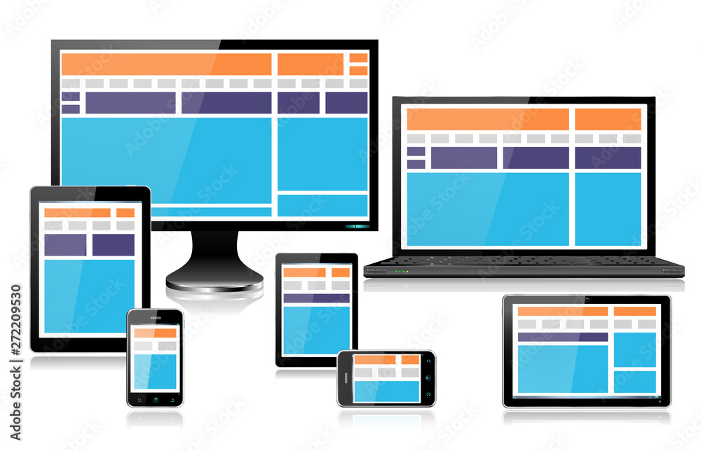 Realistic Mobile Computer Devices showing Fully Responsive Web Design Orange Realistic Mobile Computer Devices showing Fully Responsive Web Design Orange