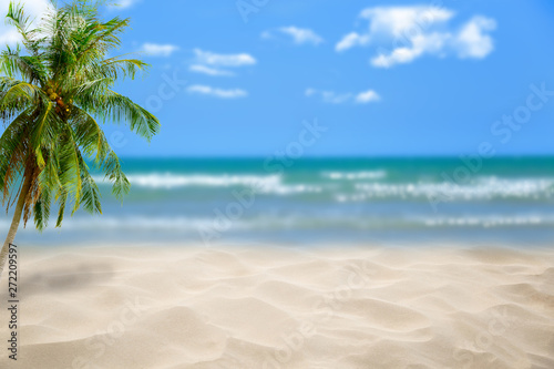 Fototapeta Naklejka Na Ścianę i Meble -  Beach with blurry blue ocean and sky,palm tree background ,Summer Concept .