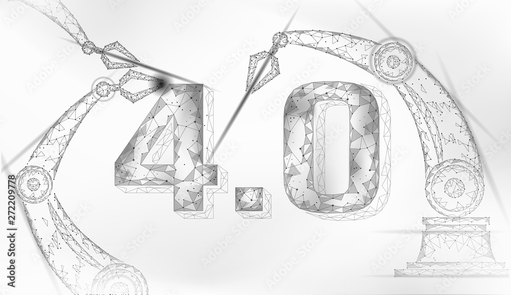 Fototapeta premium Low poly future industrial revolution concept. Industry 4.0 number assembled by robotic arm. Online technology industry management. 3D polygonal innovation system vector illustration