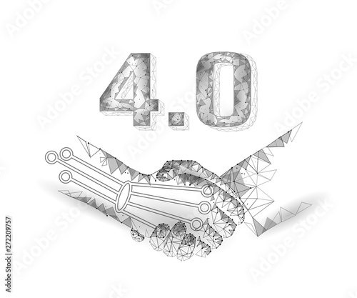 Low poly handshake future industrial revolution concept. Industry 4.0 AI artificial and human union. Online technology agreement industry management. 3D polygonal system vector illustration