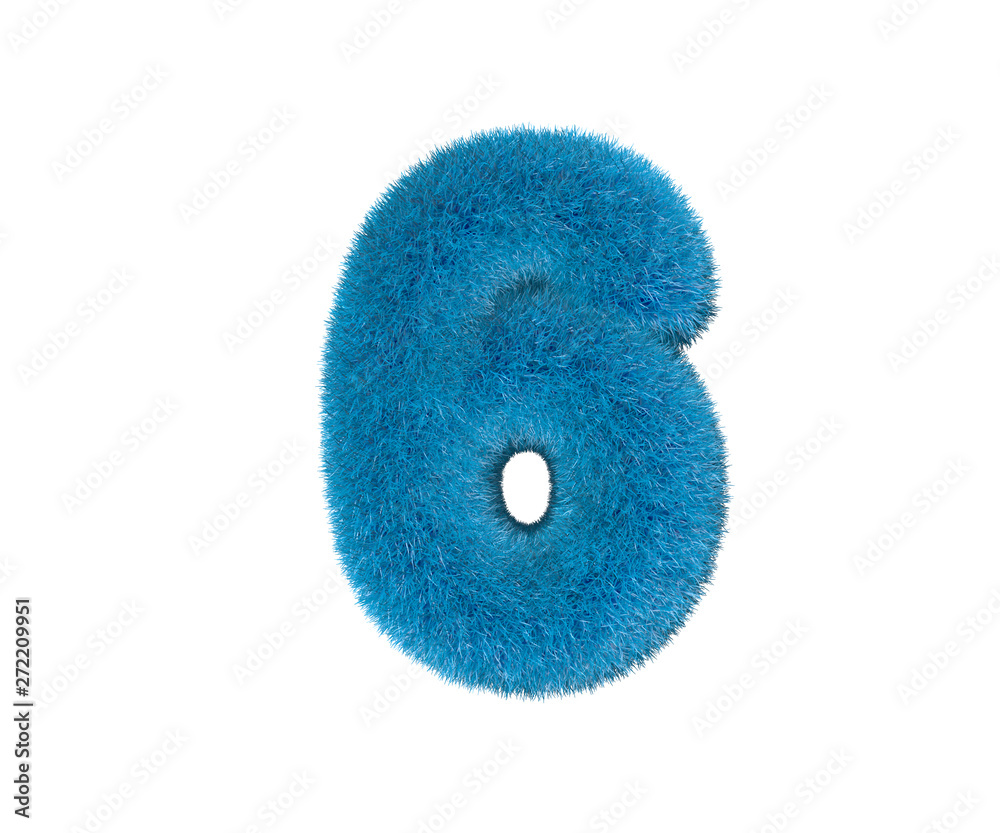 number 6 of blue ridiculous wool alphabet isolated on white background, kids concept 3D illustration of symbols number 6 of blue ridiculous wool alphabet isolated on white background, kids concept 3D illustration of symbols