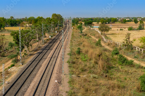 Traction power line rail corridor. Railroad tracks