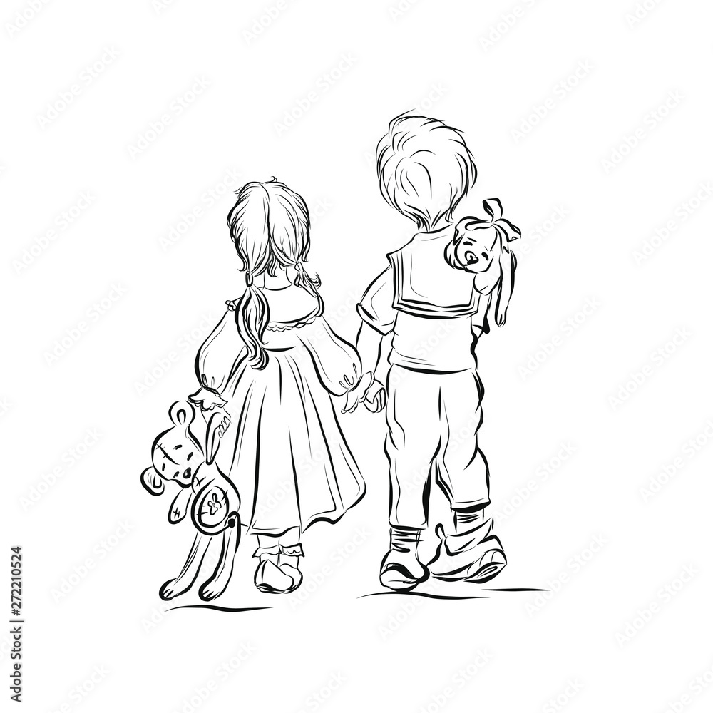 Obraz premium Girl in a long dress holds the boy's hand. Children's design for print clothing, wall art, products for kids, poster, wall art, room decor.