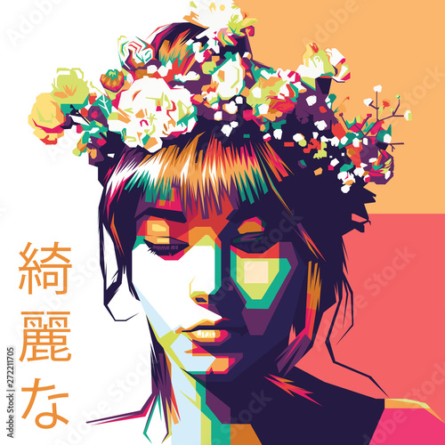 Pop art Illustration of girl with flowers on his head