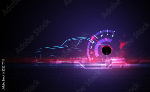 Hologram in HUD UI style. Futuristic car service, scanning and auto data analysis,Virtual Graphical Interface . Vector  illusatration