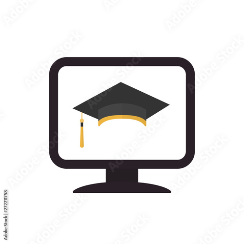 Graduation cap with tassel icon on computer. Graduation ceremony isolated on white background