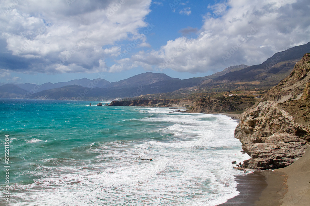 Coastline of the south of Crete near Aghios Pavlos, breakers rolling over the blue-green Mediterranean sea