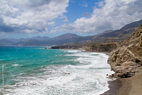 Coastline of the south of Crete near Aghios Pavlos, breakers rolling over the blue-green Mediterranean sea