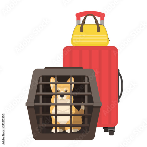 Travelling with dogs. Vector illustration of dog in a pet cage and suitcase on wheels. Carriage of dogs.
