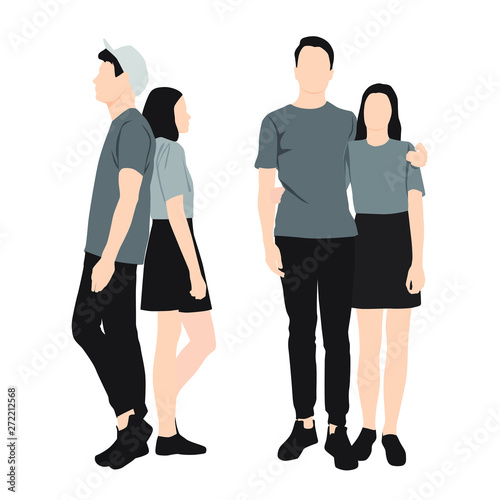 Set of silhouettes of men and women standing in different poses, cartoon character, couple of business people, vector illustration, flat designe icon, isolated on white background