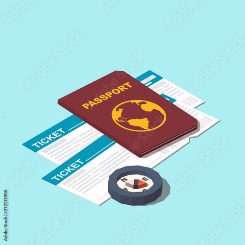 Vector isometric travel concept. Illustration include pasport, tickets and compass