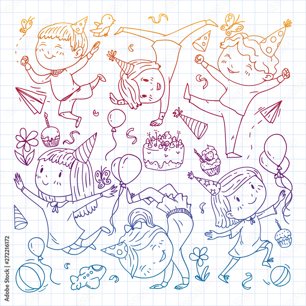 Vector illustration in cartoon style, active company of playful preschool kids jumping, at a party, birthday. Gradient draving squared notebook.
