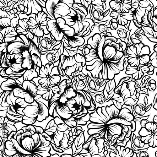 seamless pattern with line art drawings of peony - hand drawn vector illustration