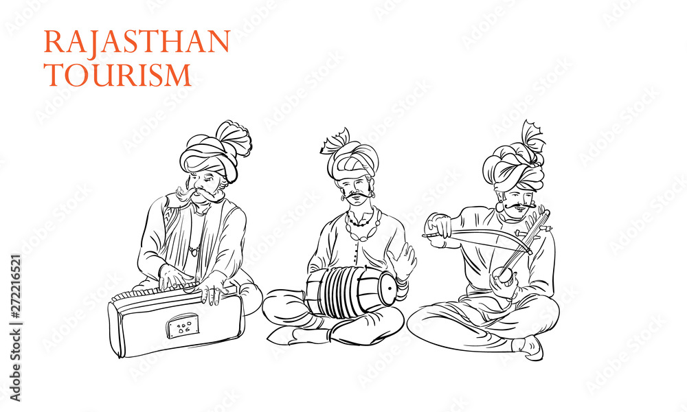 Rajasthan tourism people with music line drawing