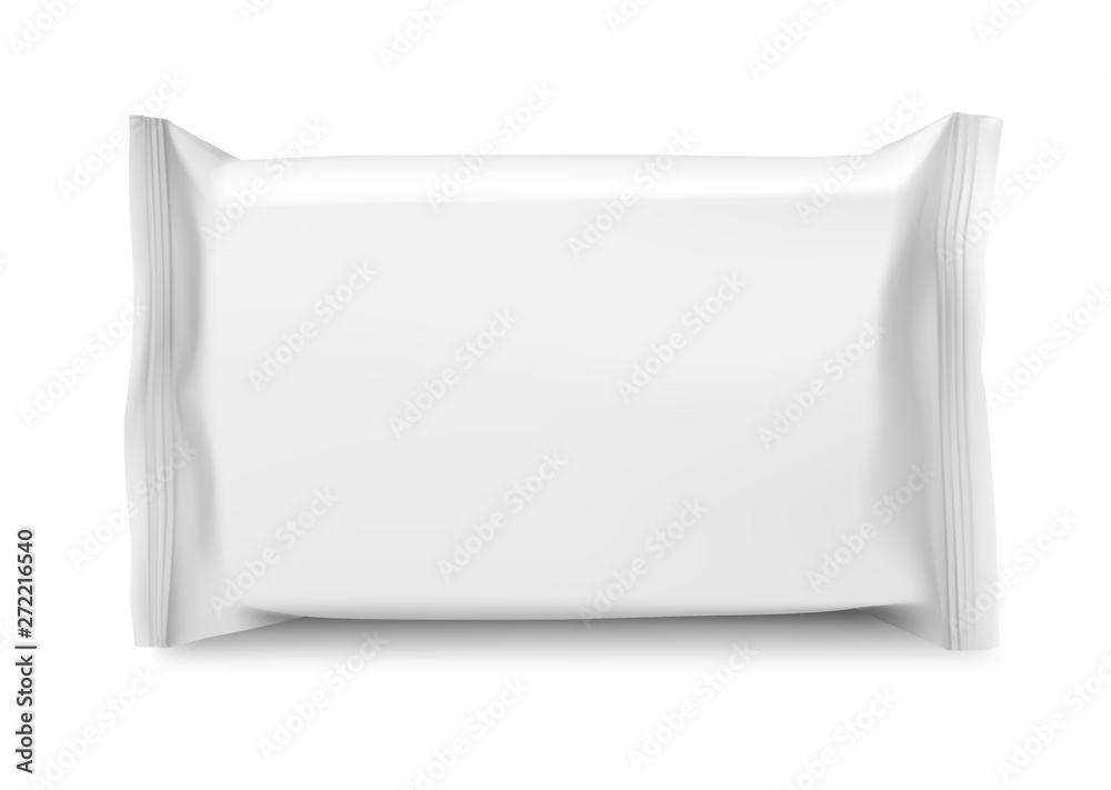 Realistic flow pack mockup. Front view. Vector illustration isolated on white background. Easy to use for presentation your product, idea, design. EPS10. Realistic flow pack mockup. Front view. Vector illustration isolated on white background. Easy to use for presentation your product, idea, design. EPS10.