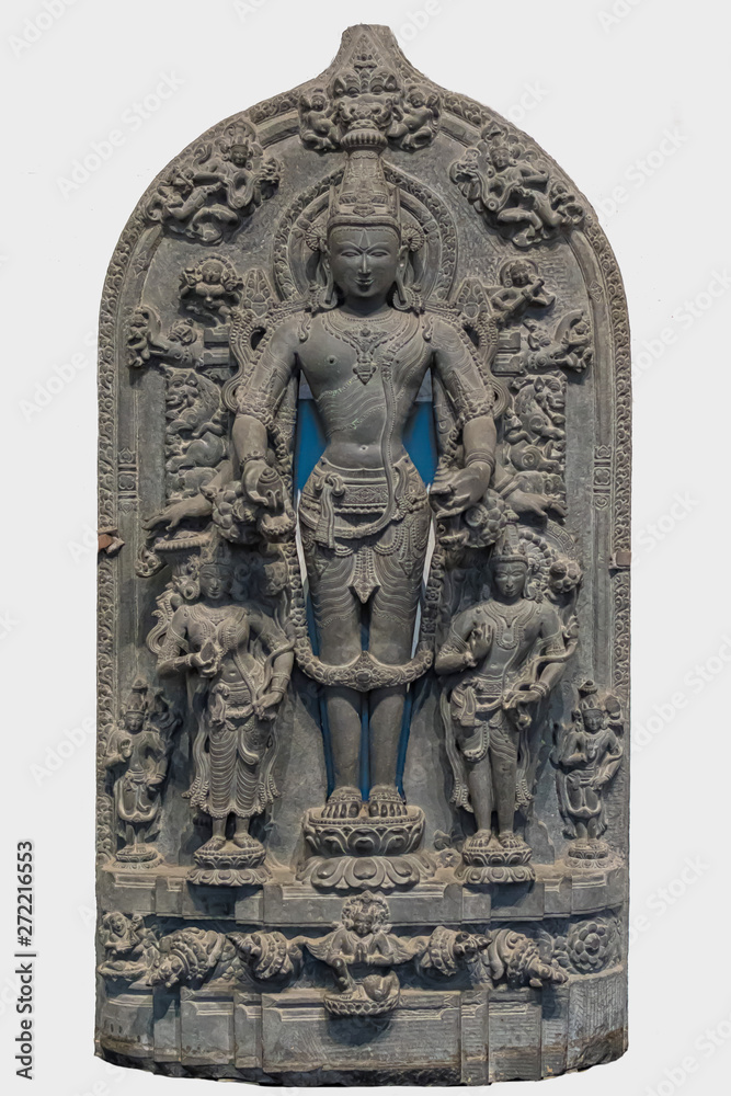 Archaeological sculpture of Vishnu, made of Basalt rock. Circa twelfth century of the Common Era, Sarisadaha, West Bengal, India Archaeological sculpture of Vishnu, made of Basalt rock. Circa twelfth century of the Common Era, Sarisadaha, West Bengal, India
