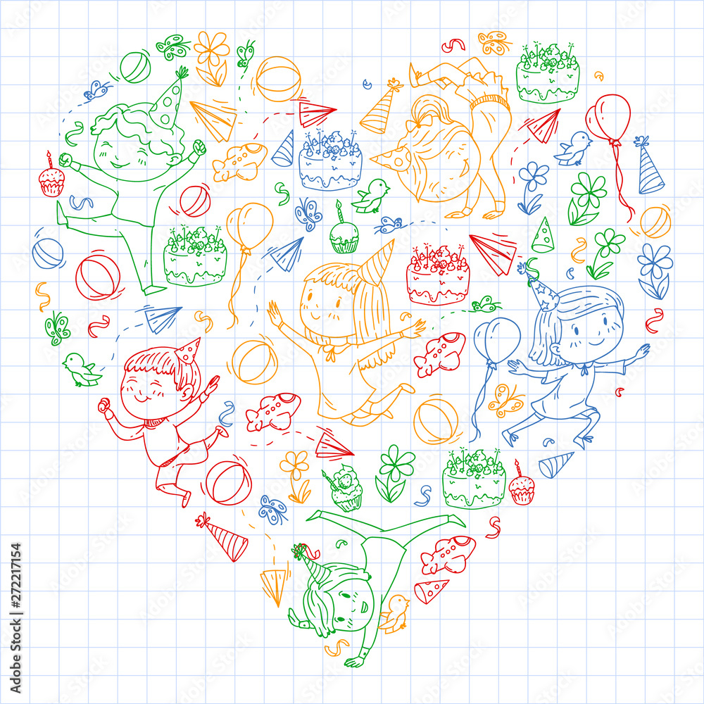 Vector illustration in cartoon style, active company of playful preschool kids jumping, at a party, birthday. colorful draving squared notebook. Vector illustration in cartoon style, active company of playful preschool kids jumping, at a party, birthday. colorful draving squared notebook.