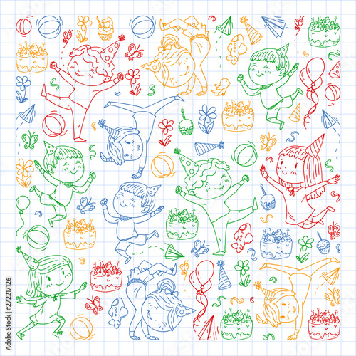 Vector illustration in cartoon style, active company of playful preschool kids jumping, at a party, birthday. colorful draving squared notebook.