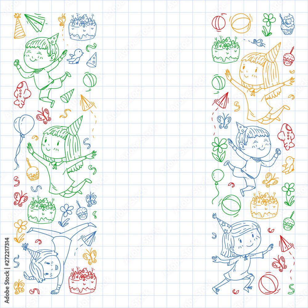 Vector illustration in cartoon style, active company of playful preschool kids jumping, at a party, birthday. colorful draving squared notebook.