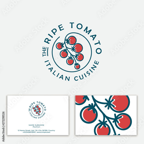 Ripe Tomato Logo. Italian cuisine emblem. Bunch of cherry tomatoes on a circle.