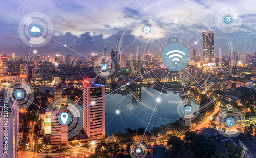 Smart city and wireless communication network concept. Digital network connection lines of Hanoi cityat Giang Vo lake, Ba Dinh district