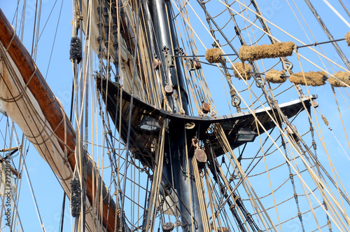 Wiew up in the mast of an old sail ship photo