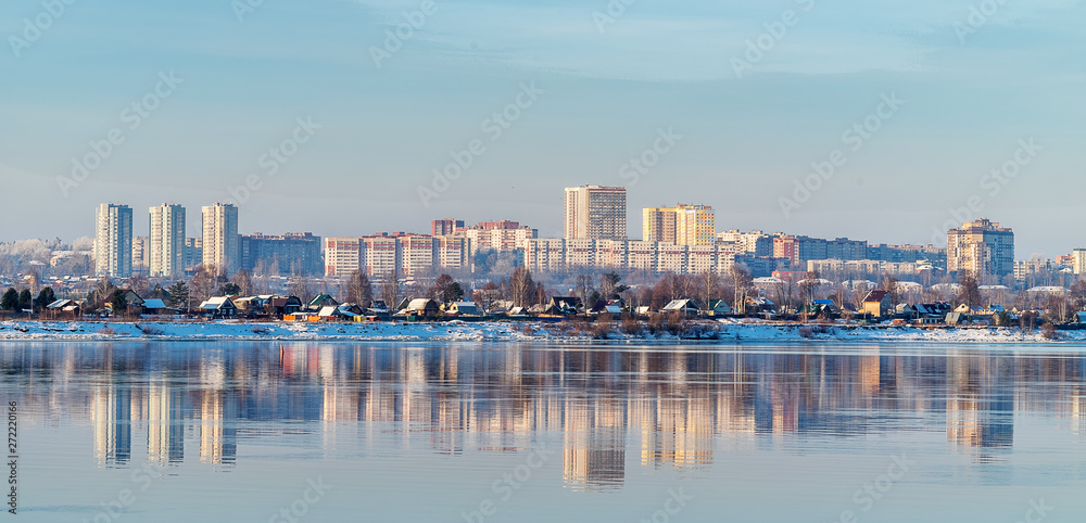 Winter. Beyond the river Kama, one of the areas of the city of Perm.