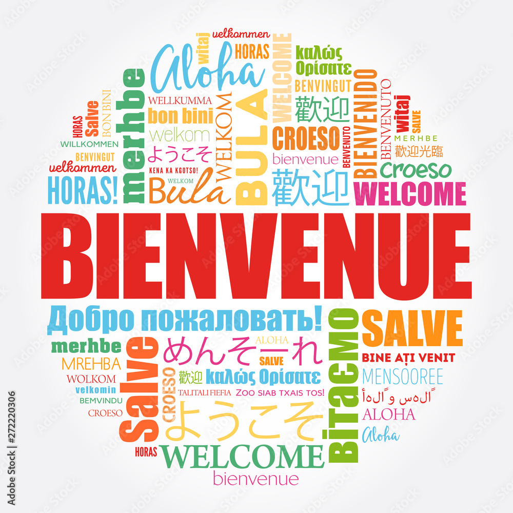 Fototapeta premium Bienvenue (Welcome in French) word cloud in different languages, conceptual background