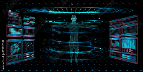 Display set of virtual interface elements. Modern medical examination HUD style. Human hologram, body x-ray,3D model. Medical Infographic, statistics and diagrams. Body Scanning Sci fi, GUI, UI.Vector