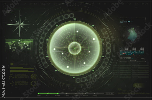 HUD, UI, GUI green interface element radar. Target detection on the radar screen.Blip. Futuristic design elements. Vector illustration