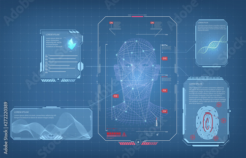 Biometric Identification or Recognition System of Person. The facial recognition technology Fingerprint, Voice.Recognition System Concept (Authentication). Set HUD GUI UI Elements. Vector