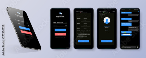 Black theme design of mobile application user interface screen . Mobile ui kit with welcome window, registration, home page, concept chat messenger . Vector set of modern UI, UX, GUI screens and icons