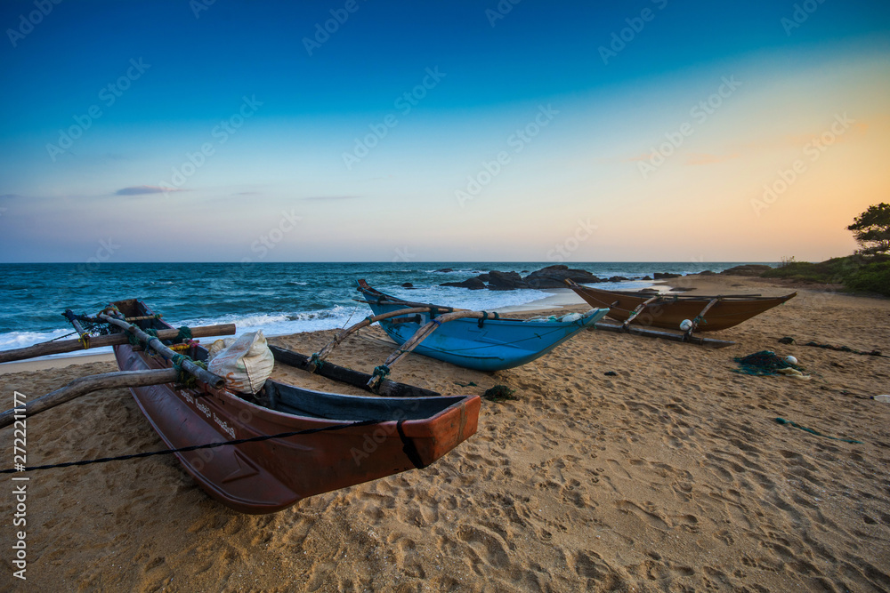Boats on a Tropical Beach, Kirinda, South Sri Lanka.