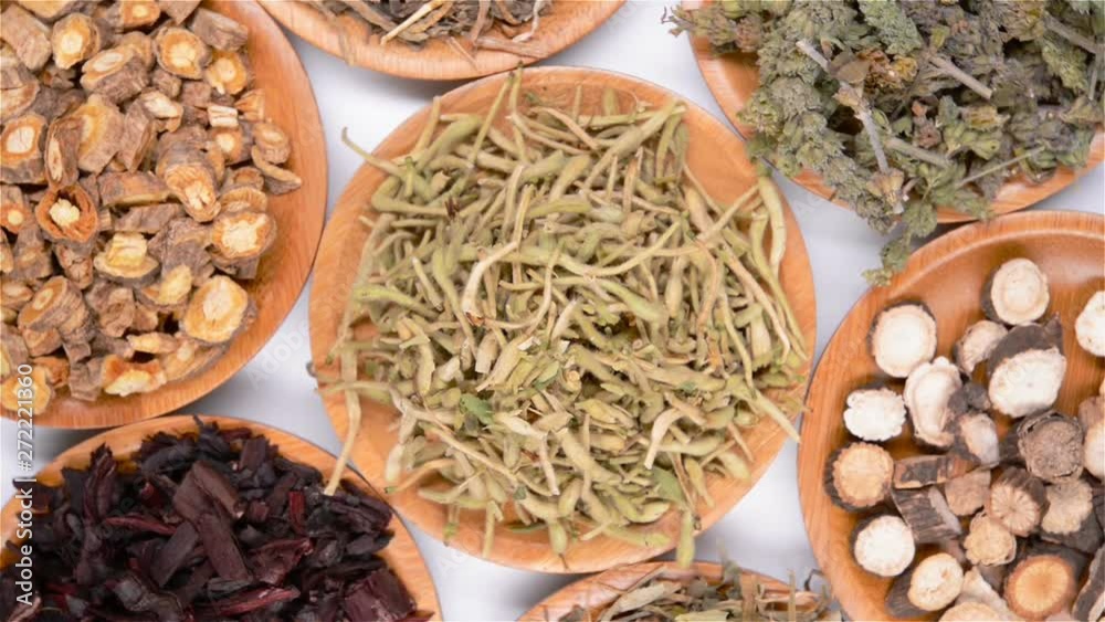 top view several kind of Chinese herb medicine mixed rotating and pause top view several kind of Chinese herb medicine mixed rotating and pause
