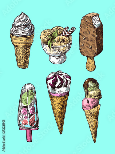 Ice cream sketch style vector illustration. Hand drawn image.