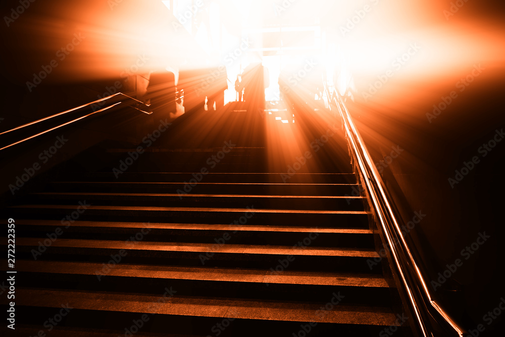 Fototapeta Diagonal city stairs with dramatic light leak background hd