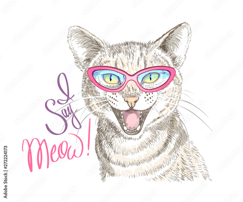 Hand-drawn meowing cat. Print for t-shirts, posters, bags and covers.