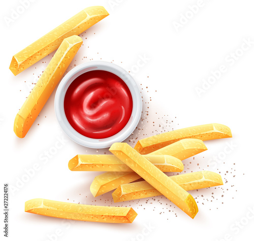 French fries and ketchup tomato sauce in ceramic cup. Roasted potato chips in deep fat fry oil potatoes. Yellow sticks. Fastfood. Unhealthy tasty food. Horizontal banner. Vector illustration.