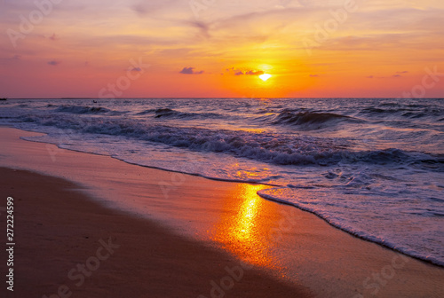 Silhouette of tropical beach during sunset twilight. Landscape of summer beach at sunset. Vacation background concept - Image