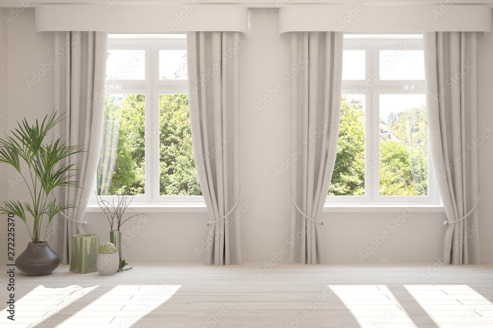 Stylish empty room in white color with summer landscape in window. Scandinavian interior design. 3D illustration Stylish empty room in white color with summer landscape in window. Scandinavian interior design. 3D illustration