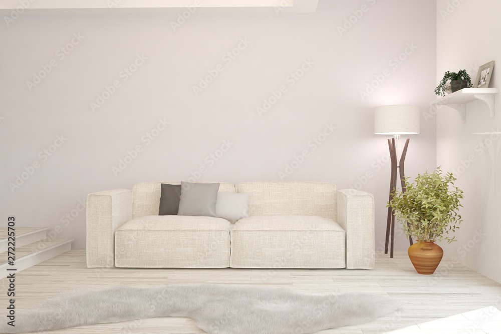 Naklejka premium Stylish room in white color with sofa. Scandinavian interior design. 3D illustration