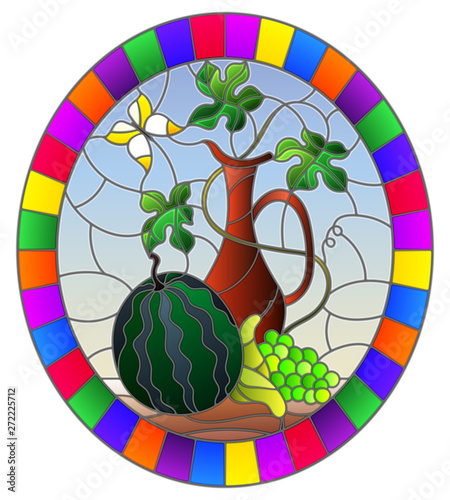 Illustration in stained glass style with still life, fruits, berries and pitcher on blue background,oval image in bright frame